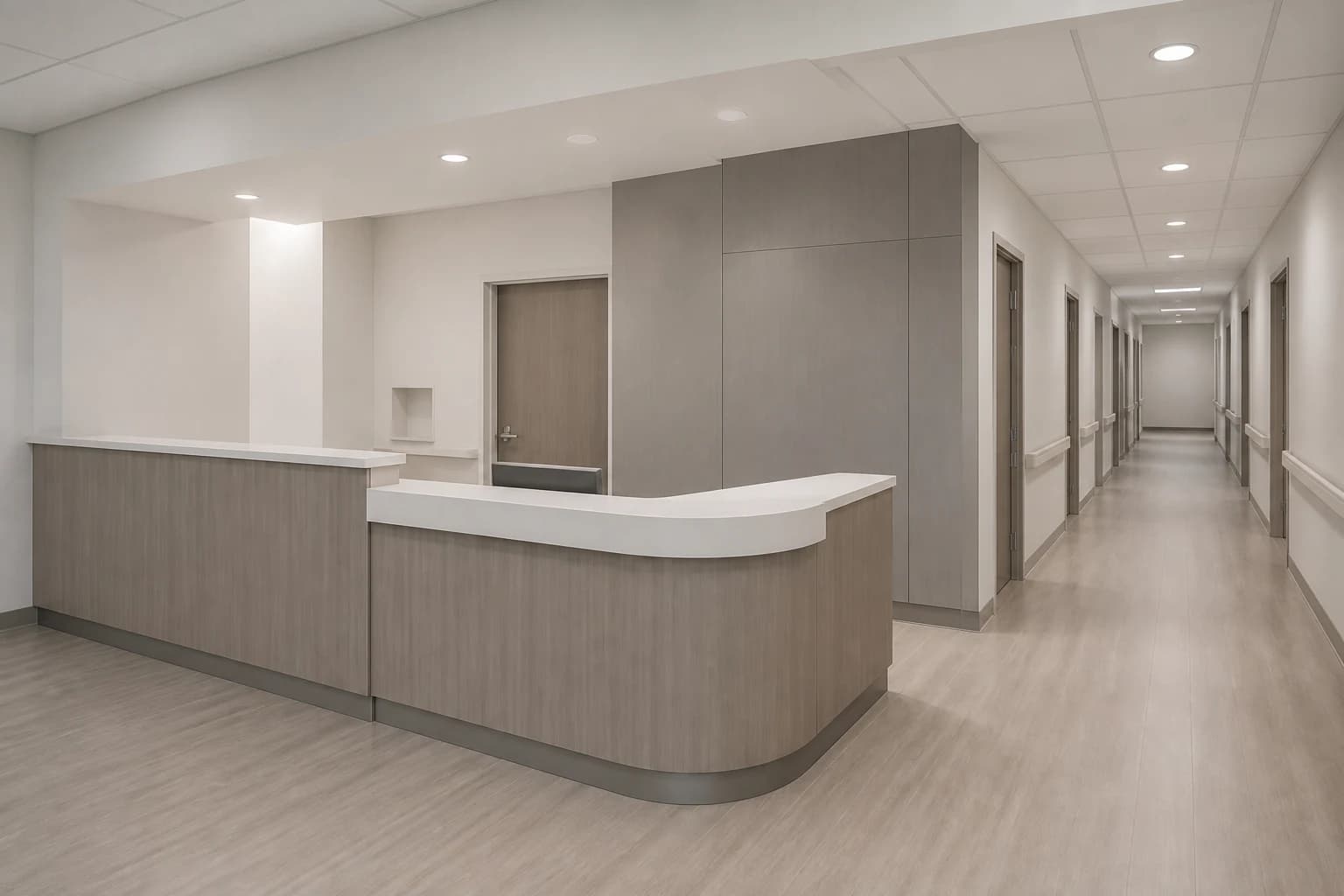 Healthcare reception renewal concept with soft-white, light-wood, and cool-gray fixed surfaces