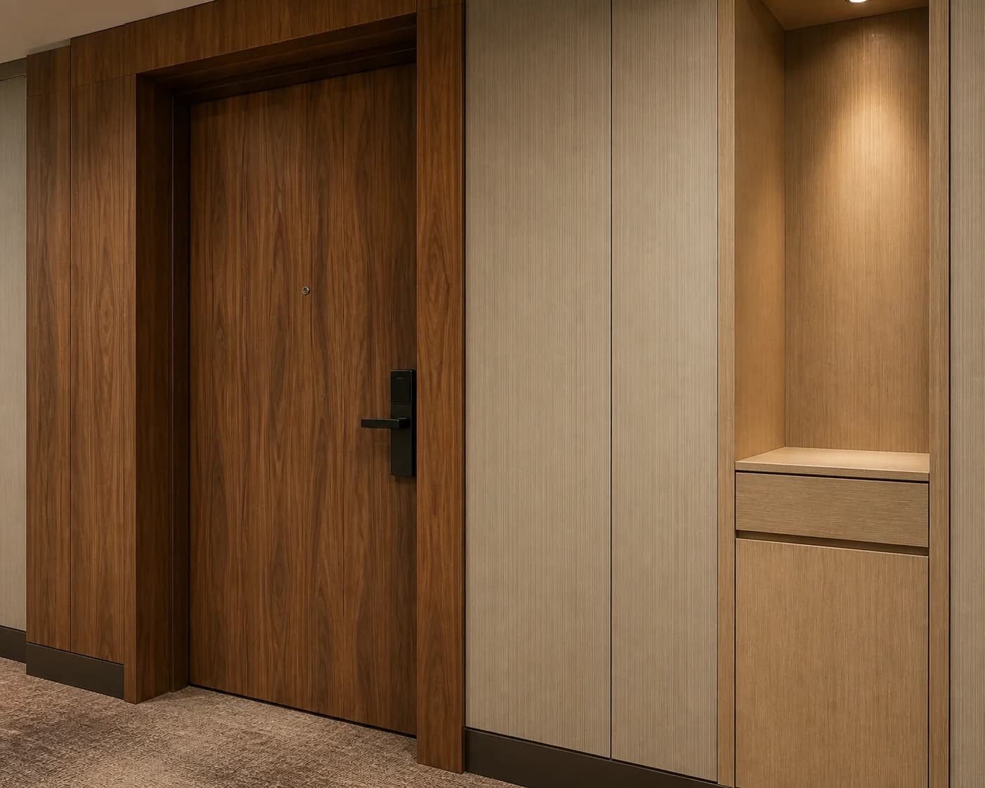 Hotel reception renewal concept with coordinated light-wood and walnut surfaces