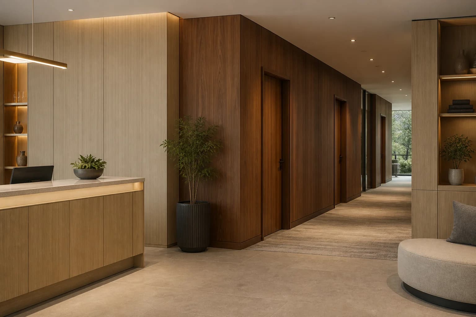 Hotel corridor renewal concept with coordinated light-wood and walnut door and wall finishes