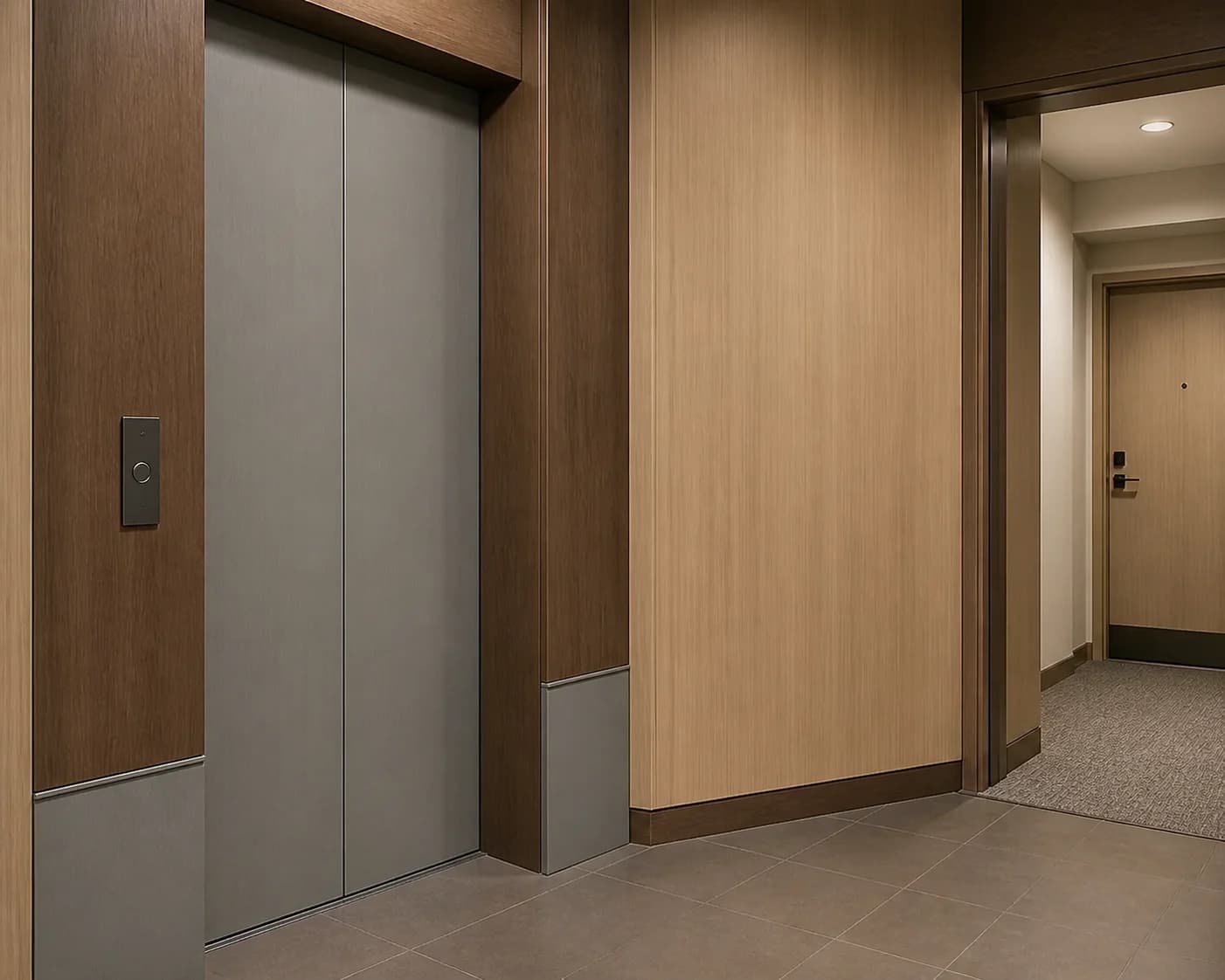 Multifamily elevator-landing renewal concept with light-wood doors and neutral-gray panels