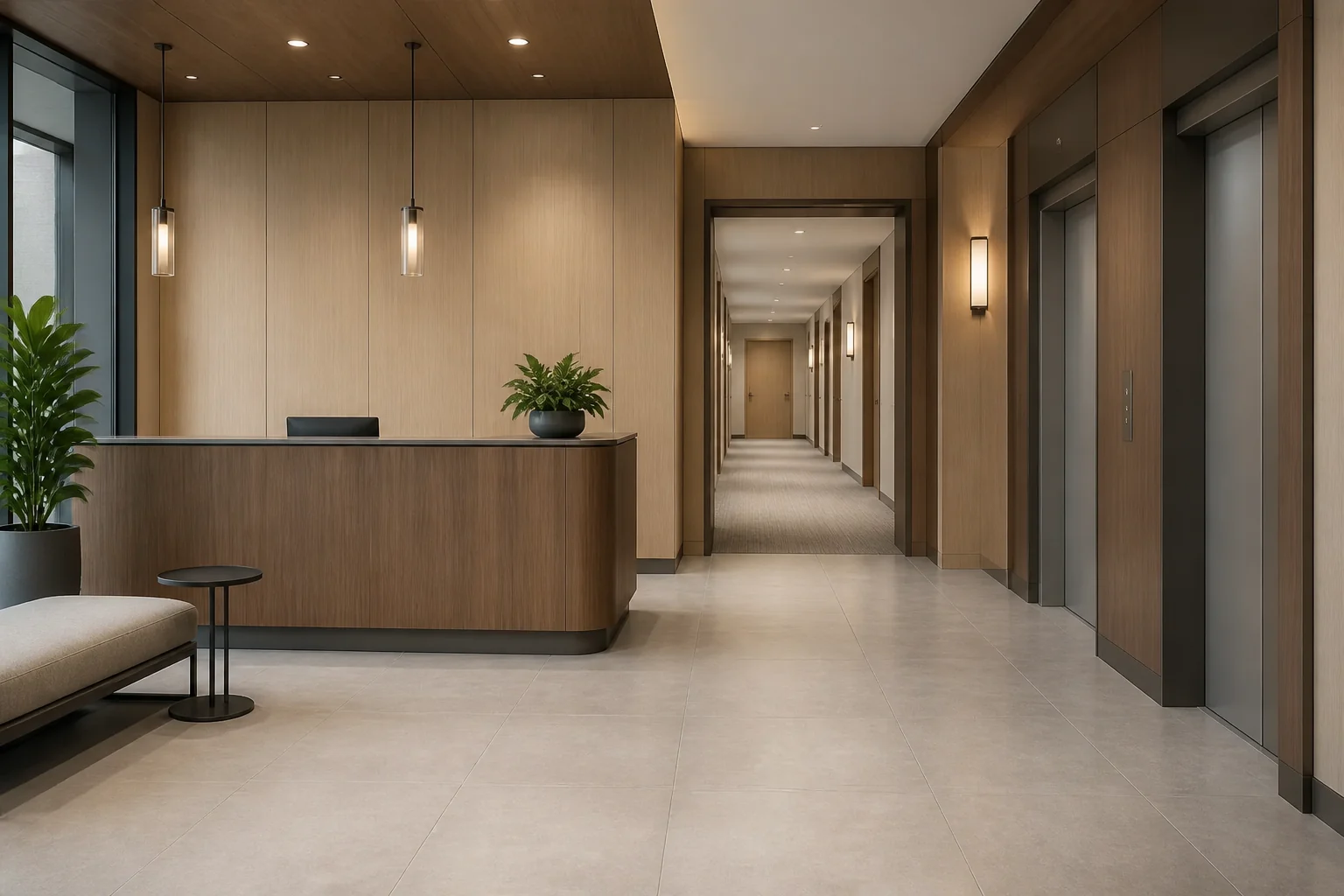 Multifamily lobby renewal concept with coordinated light-wood, walnut, and neutral-gray surfaces
