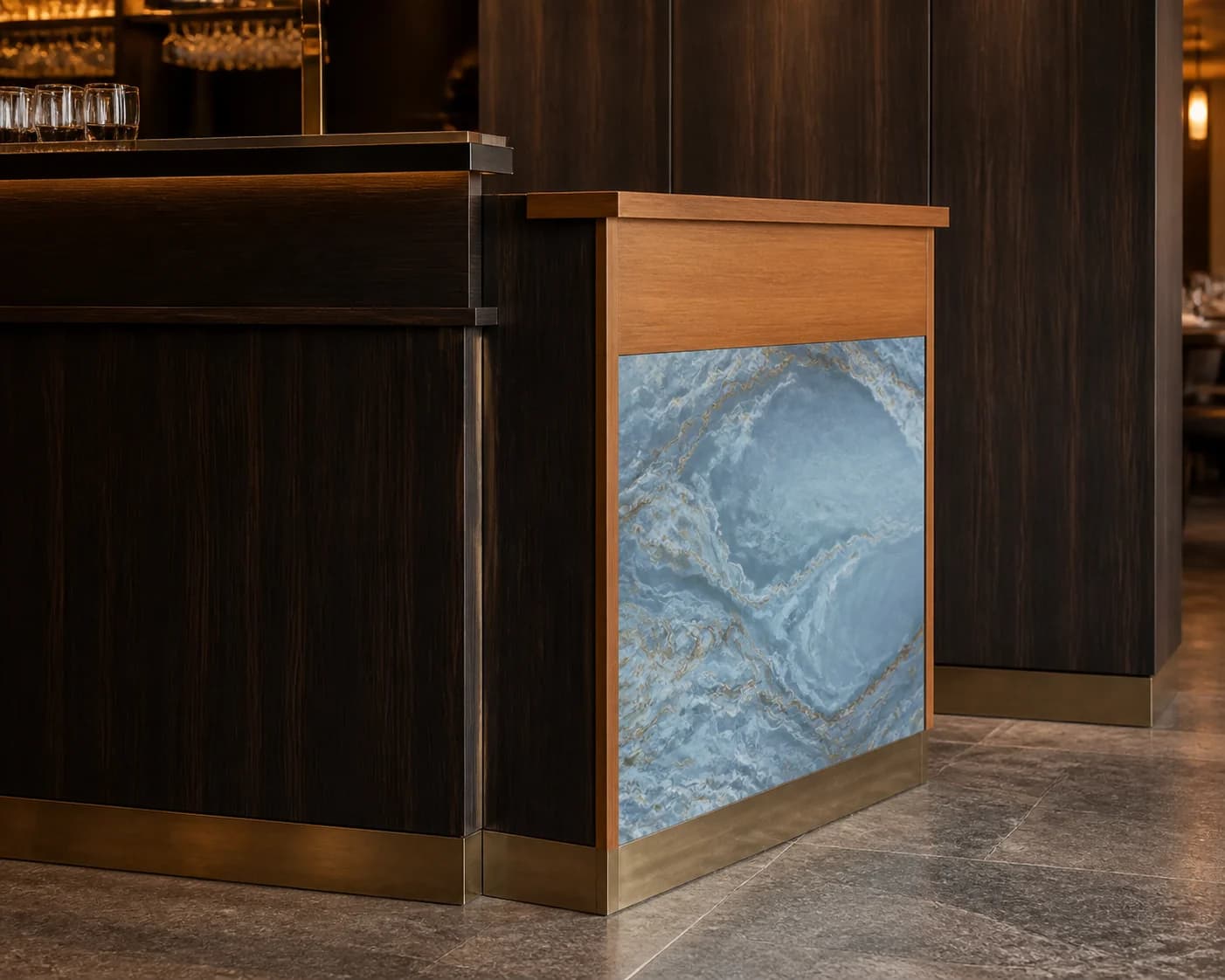 Restaurant service-counter renewal concept with coordinated wood and neutral panel finishes