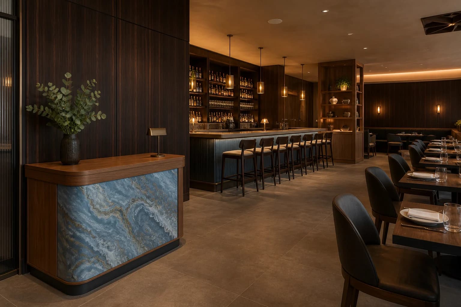 Restaurant renewal concept with coordinated wood and neutral finishes on the host stand, bar, and wall panels