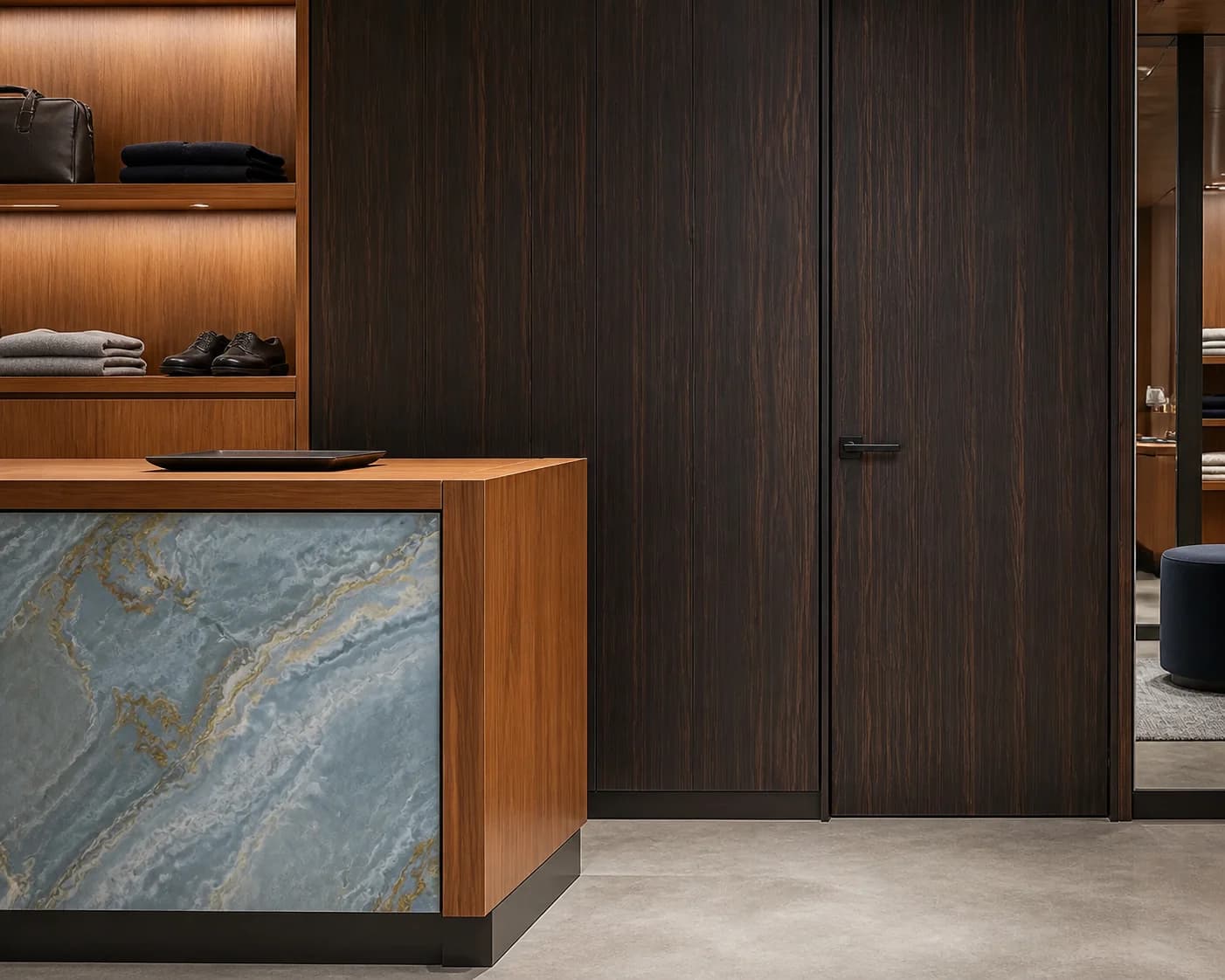 Retail cash-wrap and fixture renewal concept with coordinated wood and neutral panel finishes