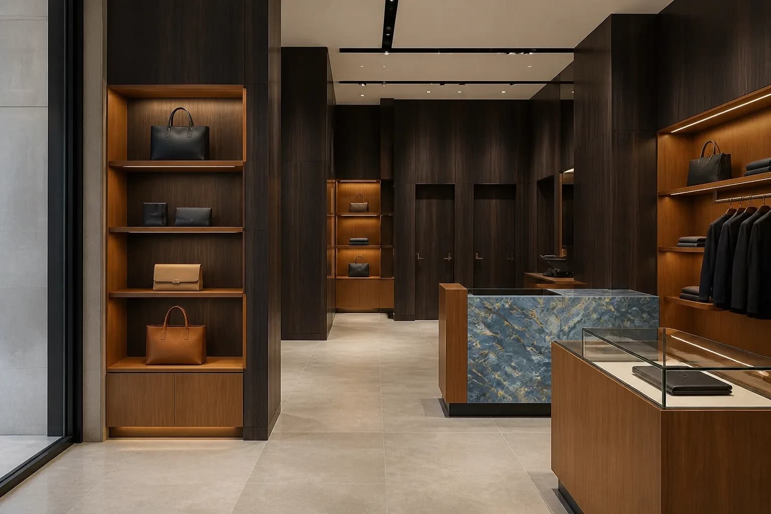 Retail renewal concept with coordinated wood and neutral finishes on display walls and the cash wrap