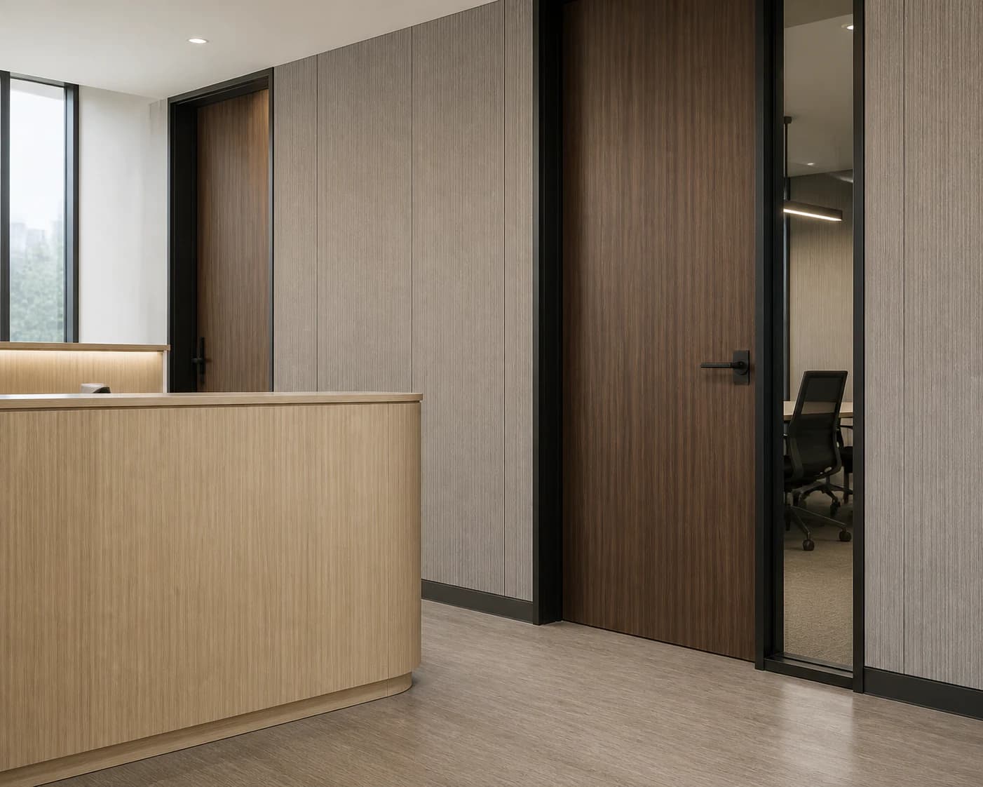 Workplace meeting-area renewal concept with light-oak, walnut, and cool-gray doors, millwork, and panels