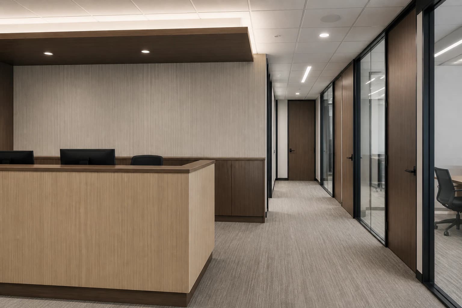 Workplace reception renewal concept with light-oak, walnut, and cool-gray architectural finishes