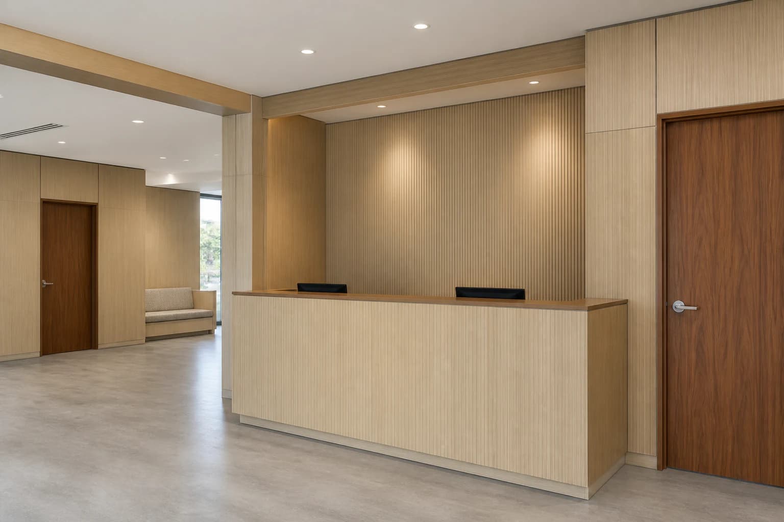 Commercial reception and wall panels shown with coordinated architectural finishes