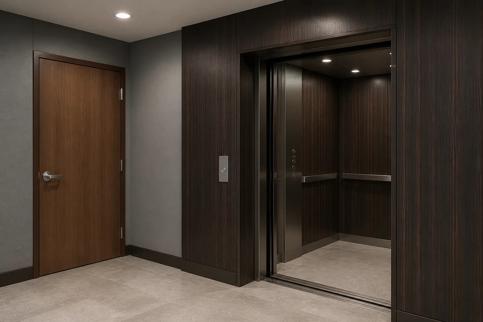Elevator-lobby renewal concept with a dark wood surround and cab panels, cool-gray wall panels, and a warm walnut door