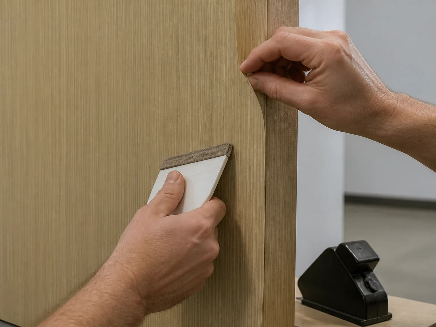 Installer applying a pale light-wood architectural finish to an existing commercial wall panel